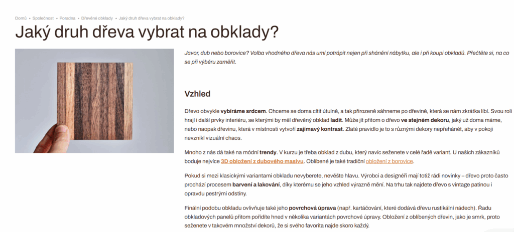 Článek o výběru vhodného druhu dřeva pro obložení.