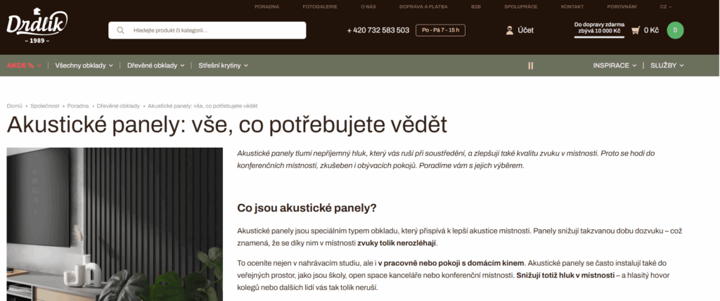 Ukázka webového článku o akustických panelech
